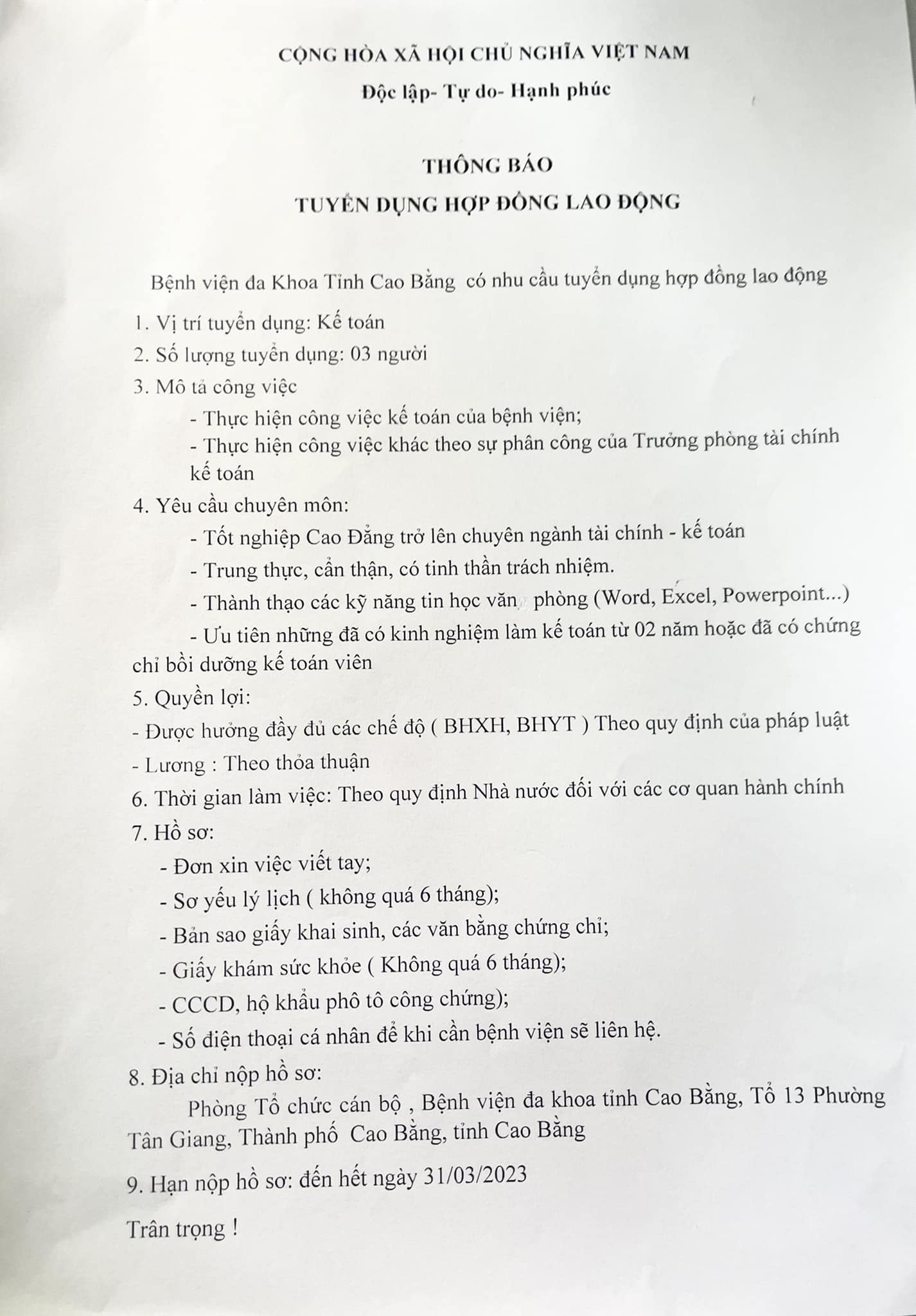 THÔNG BÁO TUYỂN DỤNG HỢP ĐỒNG LAO ĐỘNG.